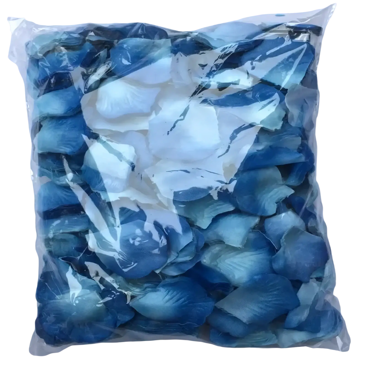 A clear plastic bag of 5500 colorful artificial rose petals in blue and white for wedding decor