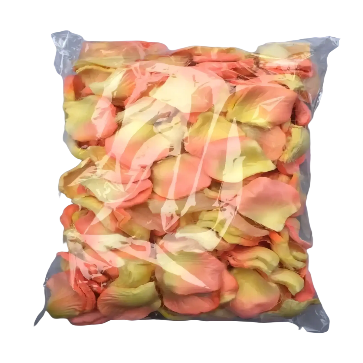 A clear plastic bag containing 5500 colorful artificial peach and yellow gradient rose petals for wedding decor