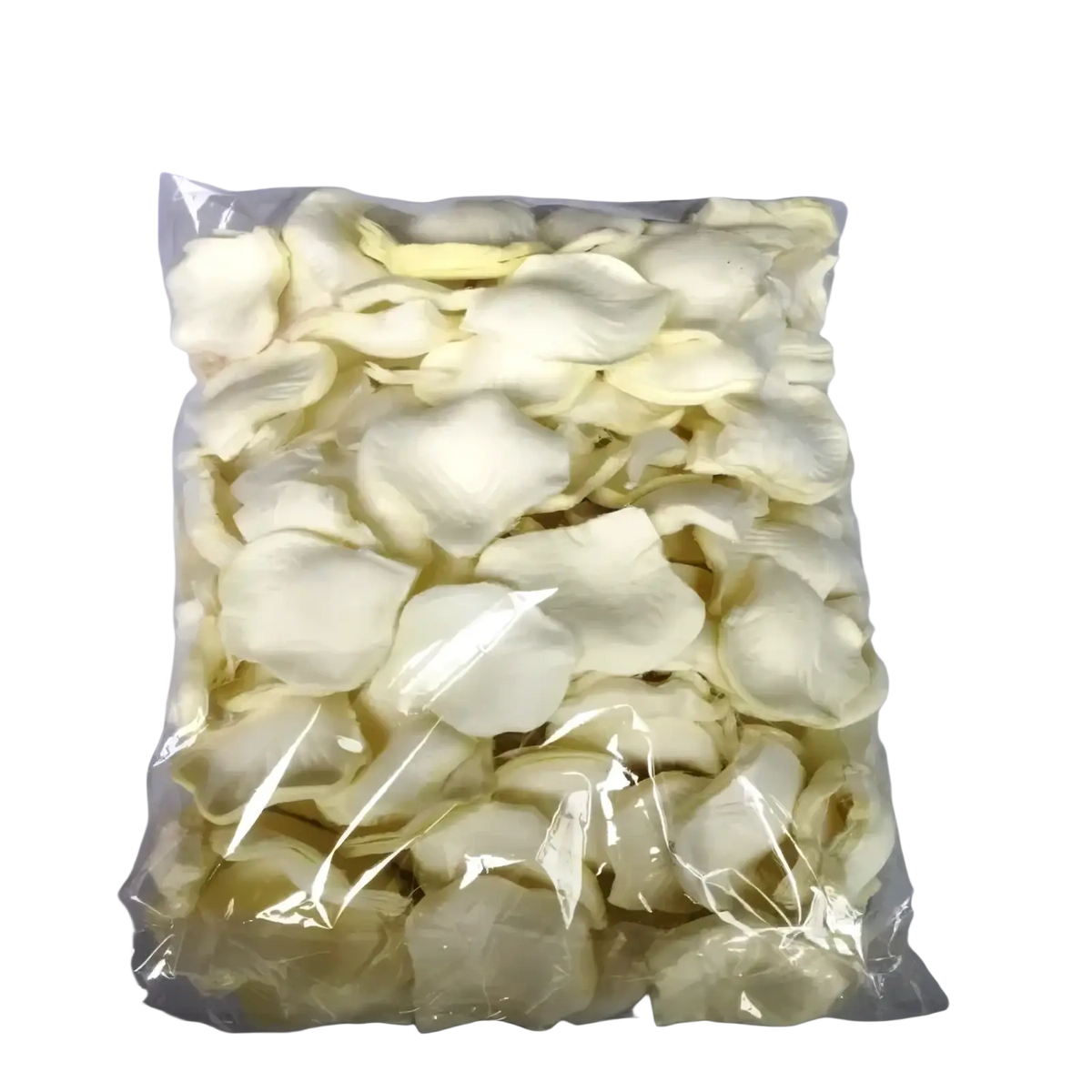 A clear plastic bag containing delicate pale cream artificial rose petals for colorful wedding decor