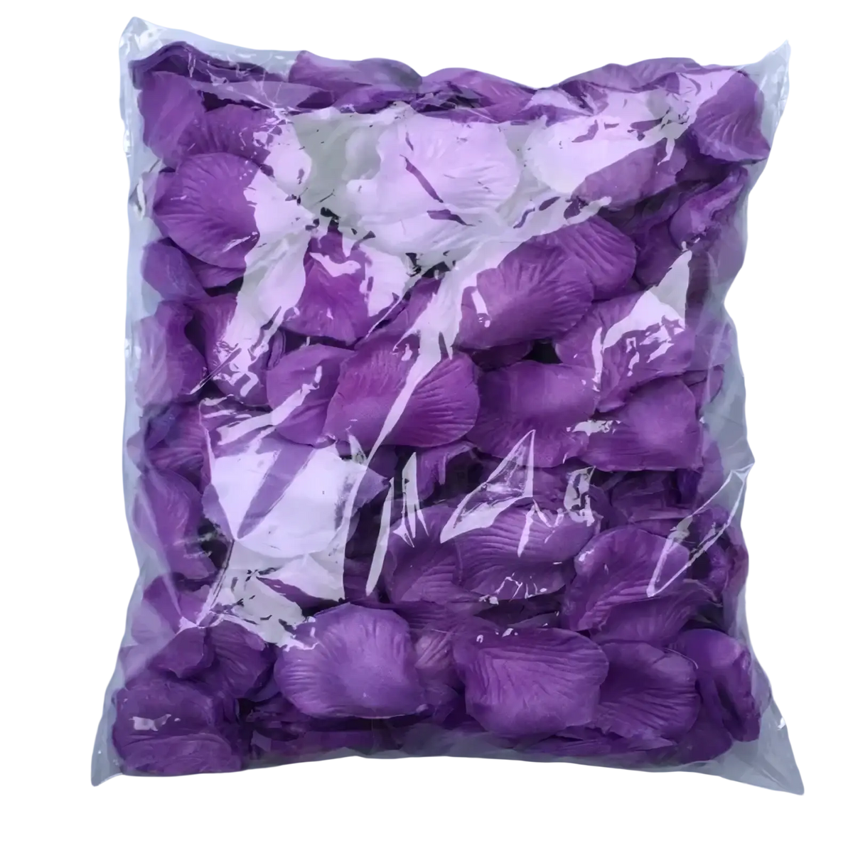 A clear plastic bag filled with artificial purple rose petals for wedding decor in the 5500 colorful rose petals set