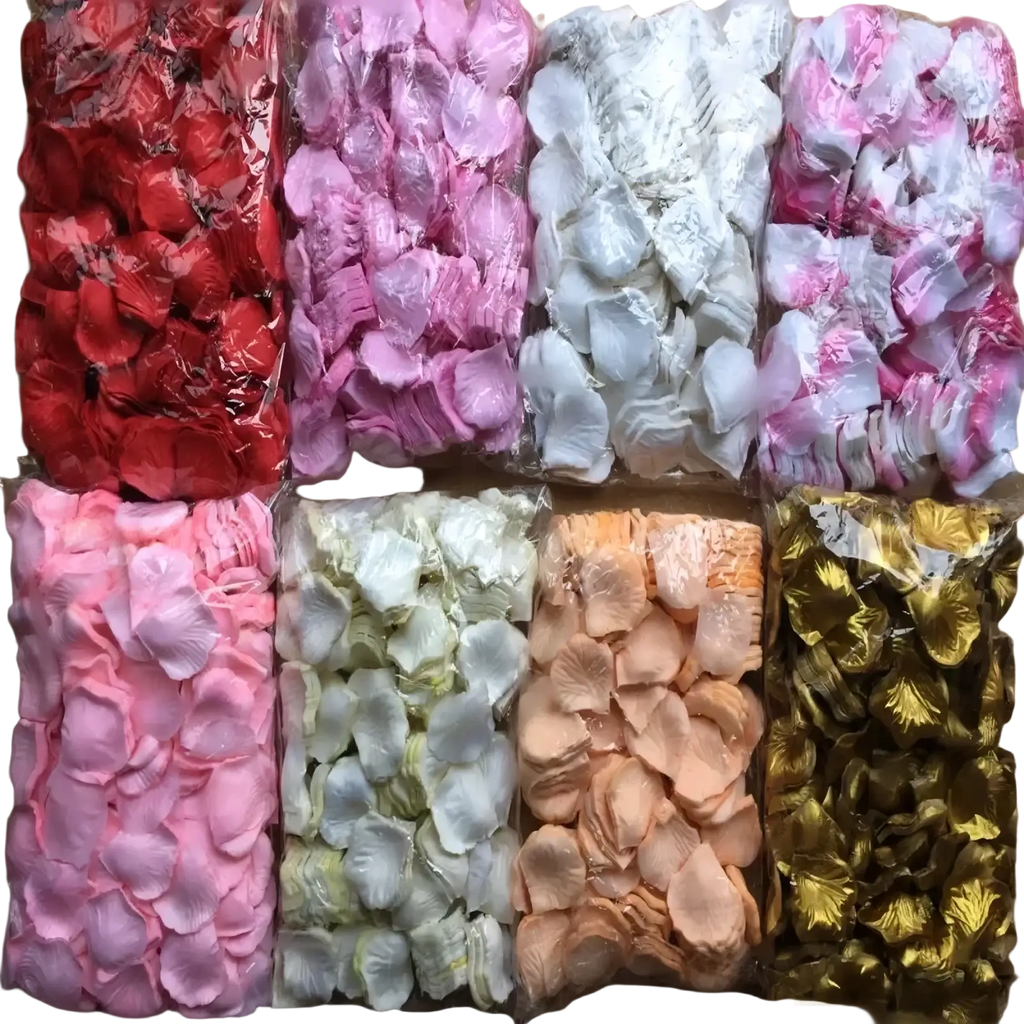 A collection of 5500 artificial colorful rose petals in red pink white gold and peach packaging for wedding decor
