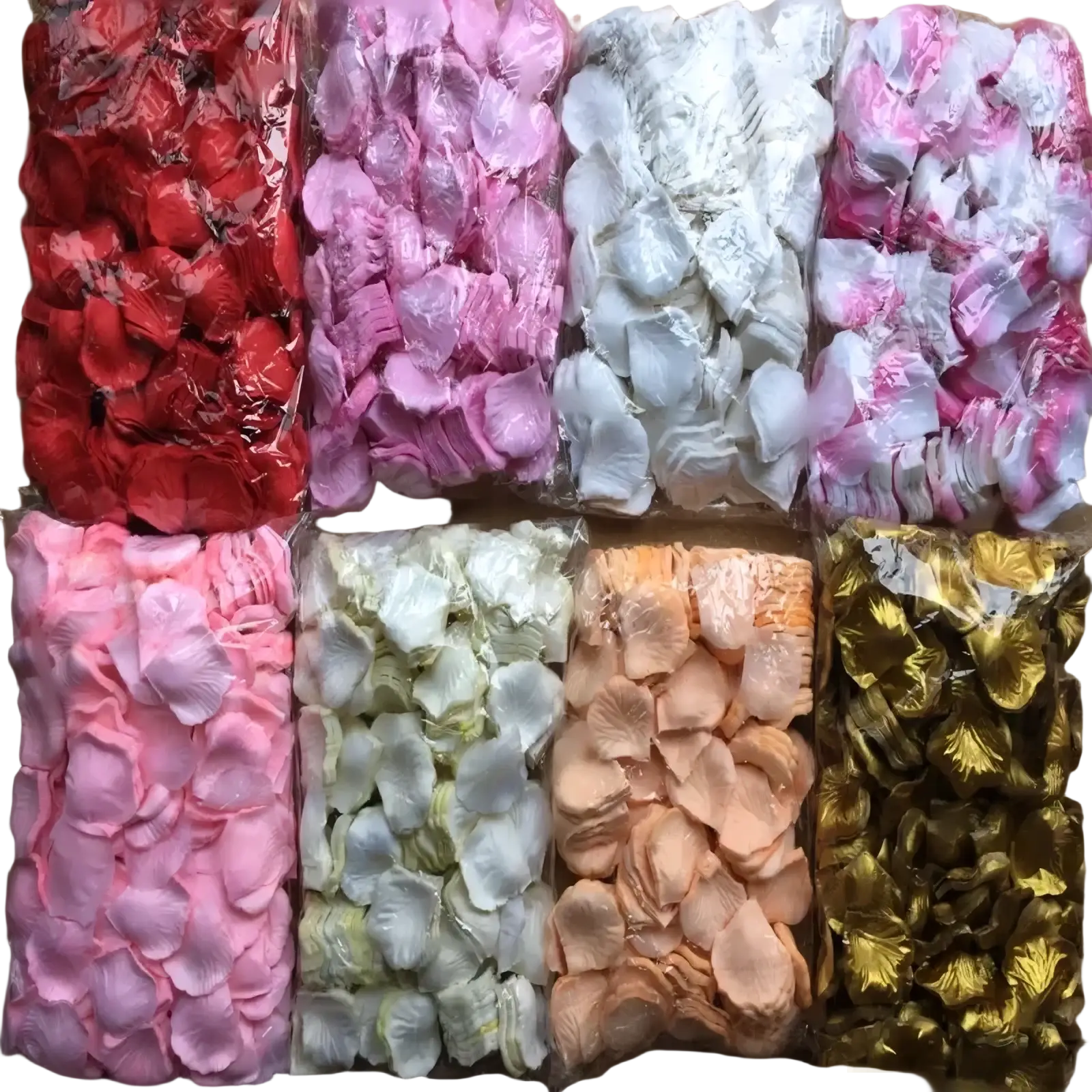 A collection of 5500 artificial colorful rose petals in red pink white gold and peach packaging for wedding decor