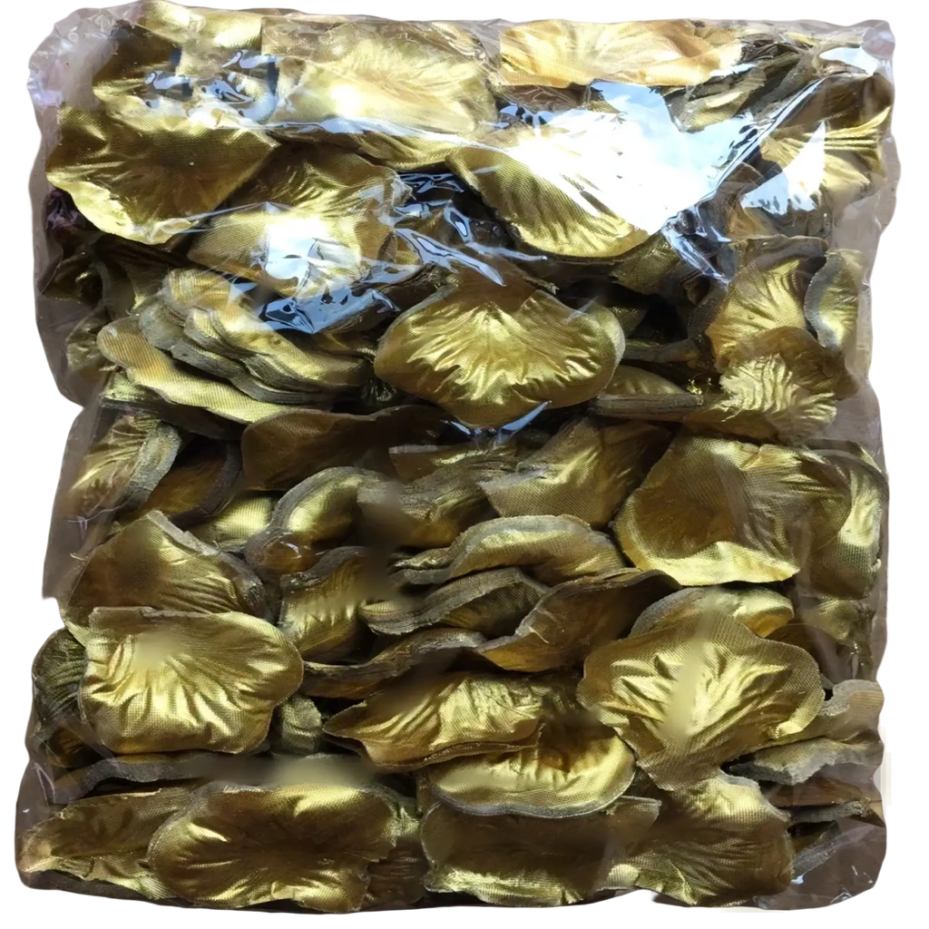A package of shiny gold fabric rose petals from the 5500 colorful rose petals wedding decor collection