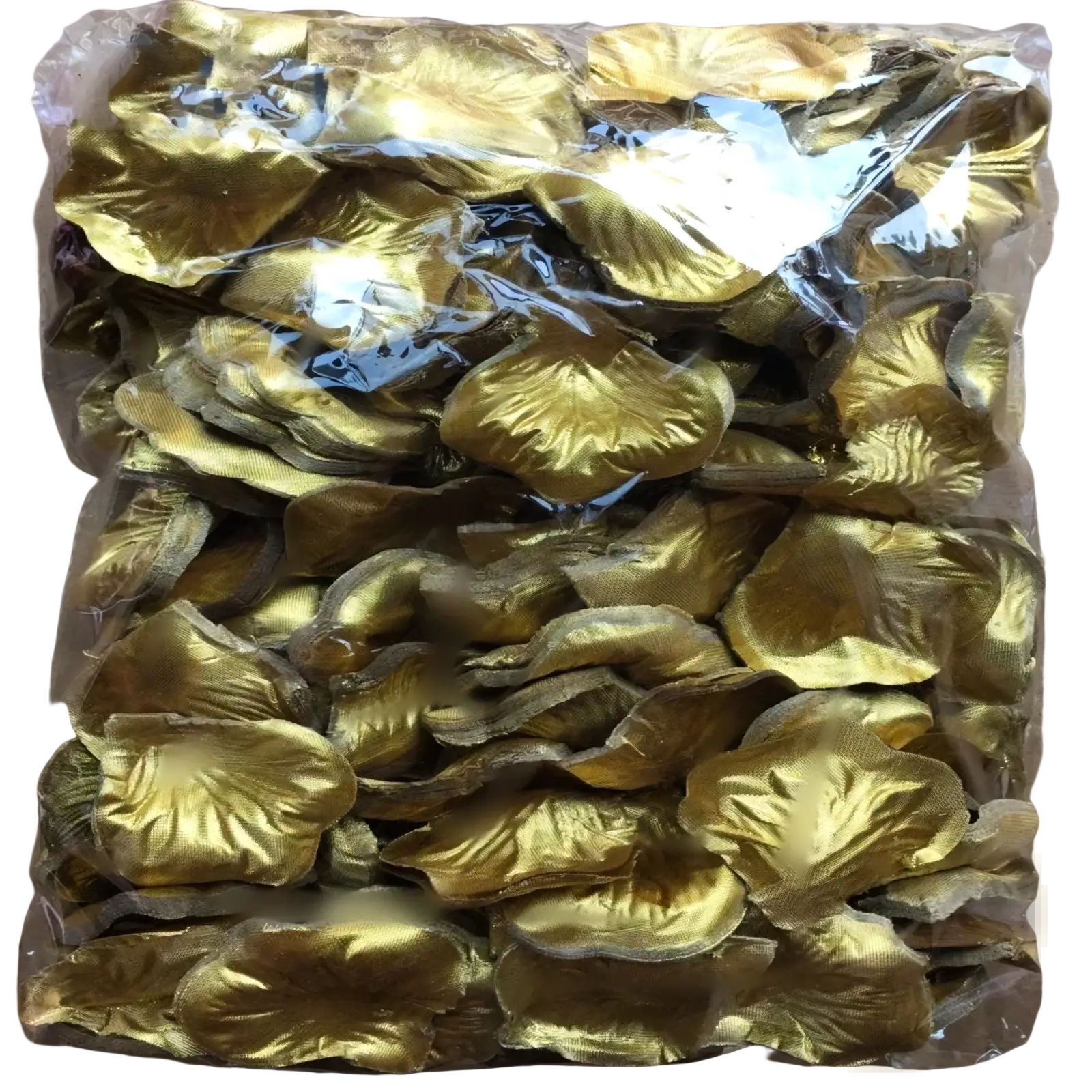 A package of shiny gold fabric rose petals from the 5500 colorful rose petals wedding decor collection