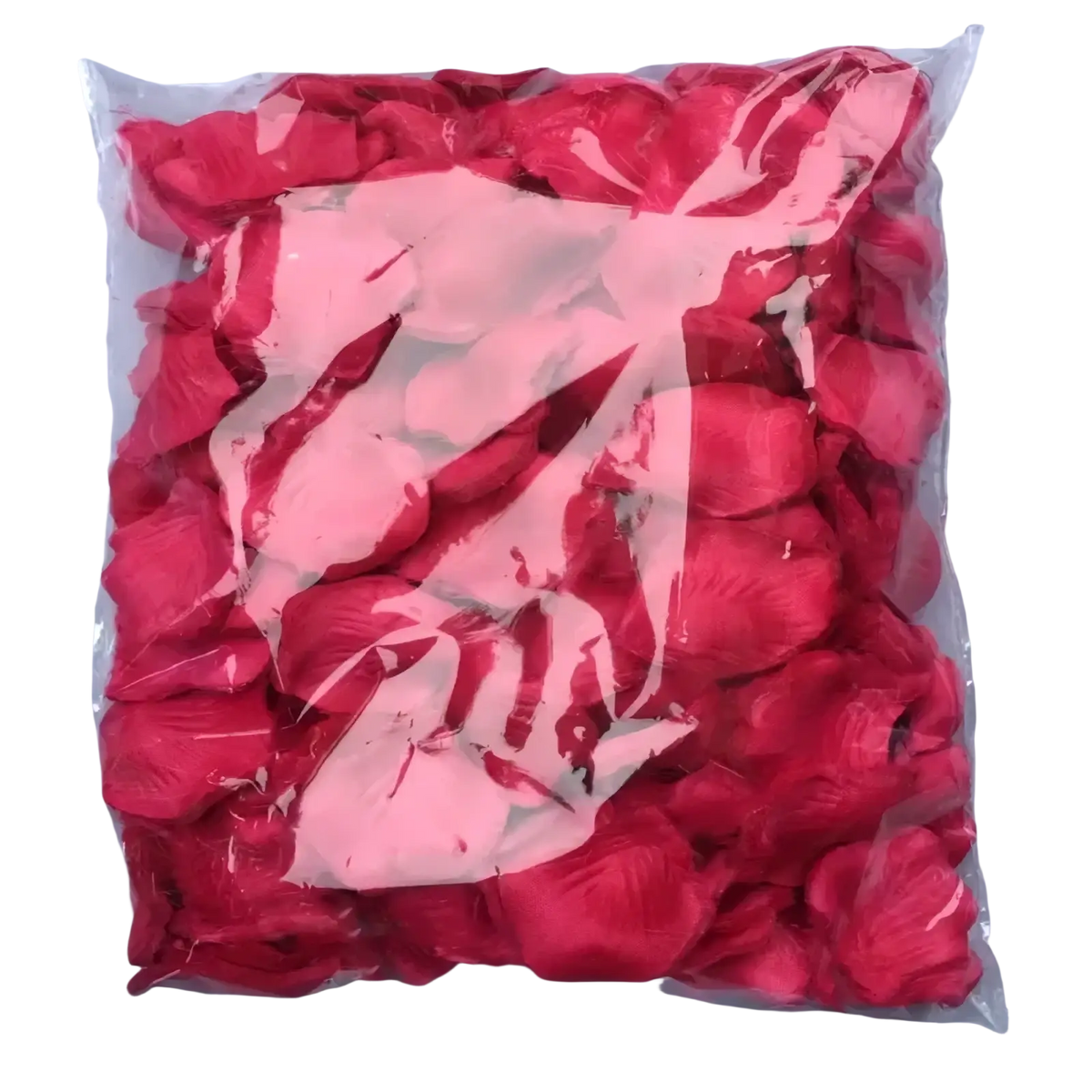 A vibrant red artificial rose petal filler in a clear plastic bag for 5500 colorful rose petals wedding decor