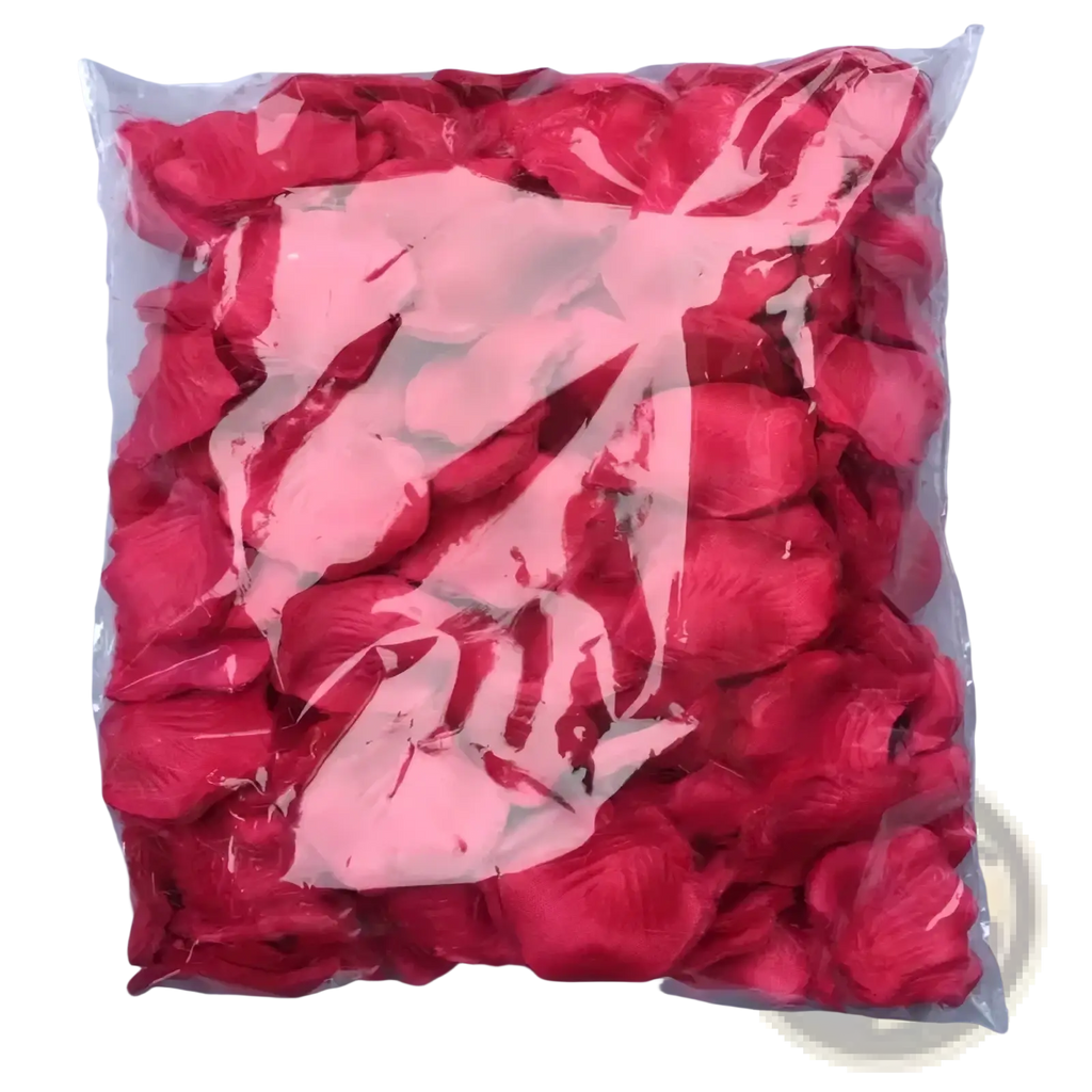 A vibrant red artificial rose petal filler in a clear plastic bag for 5500 colorful rose petals wedding decor
