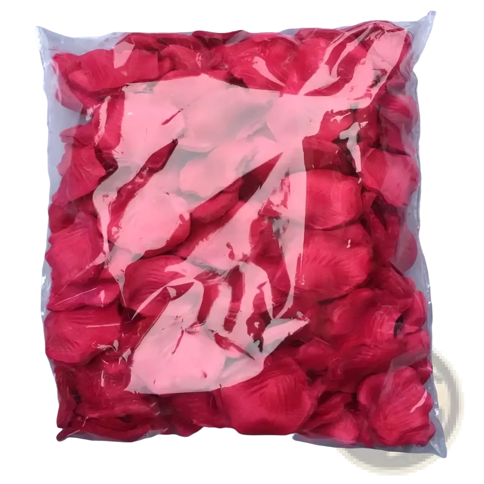 A vibrant red artificial rose petal filler in a clear plastic bag for 5500 colorful rose petals wedding decor