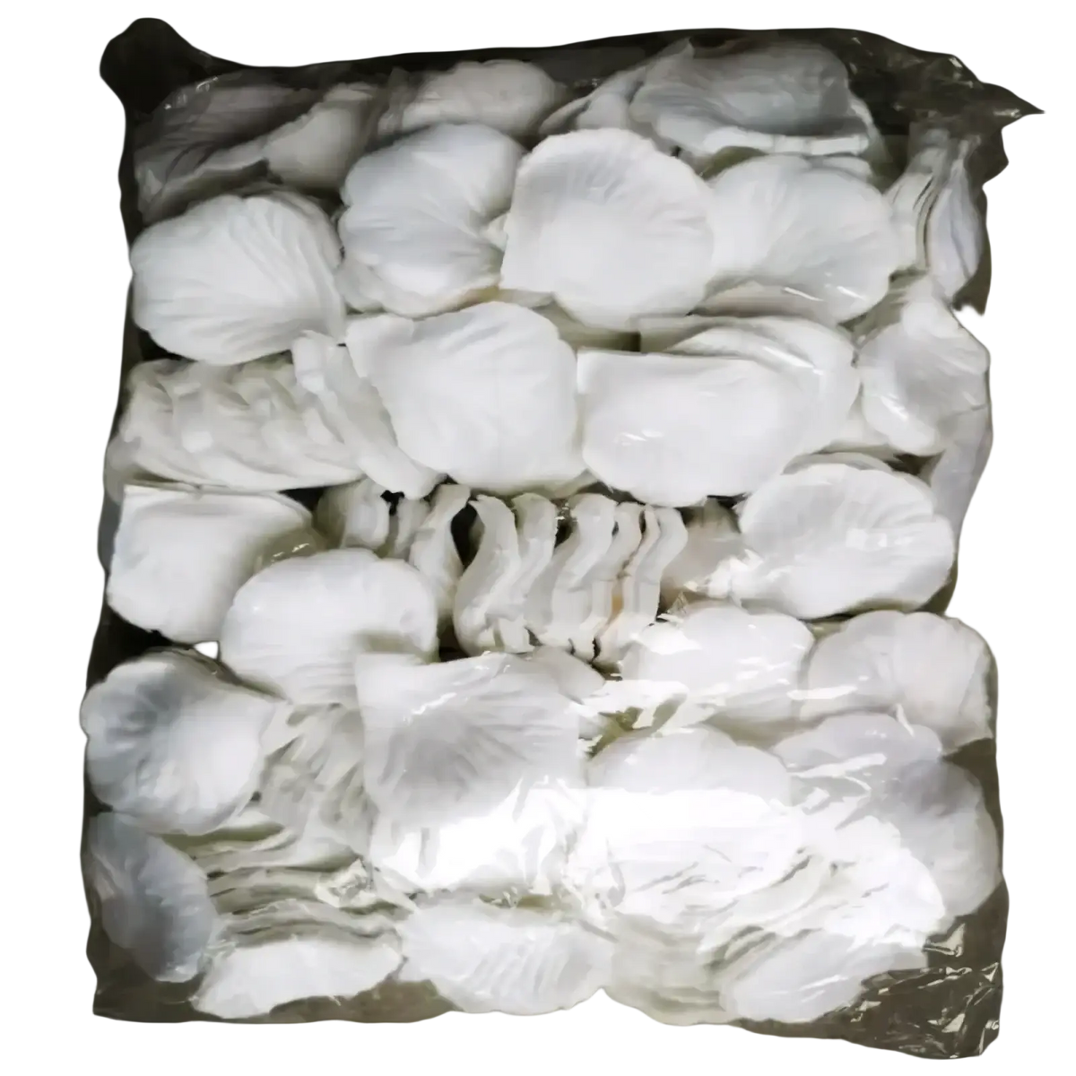 White delicate fabric rose petals packaged in a clear plastic bag for colorful wedding decor use