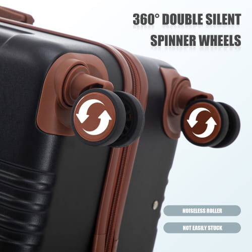 Black hard-shell abs spinner suitcase with brown double silent spinner wheels and white directional arrows on the wheel hubs from a 3 piece abs spinner luggage set with TSA lock.