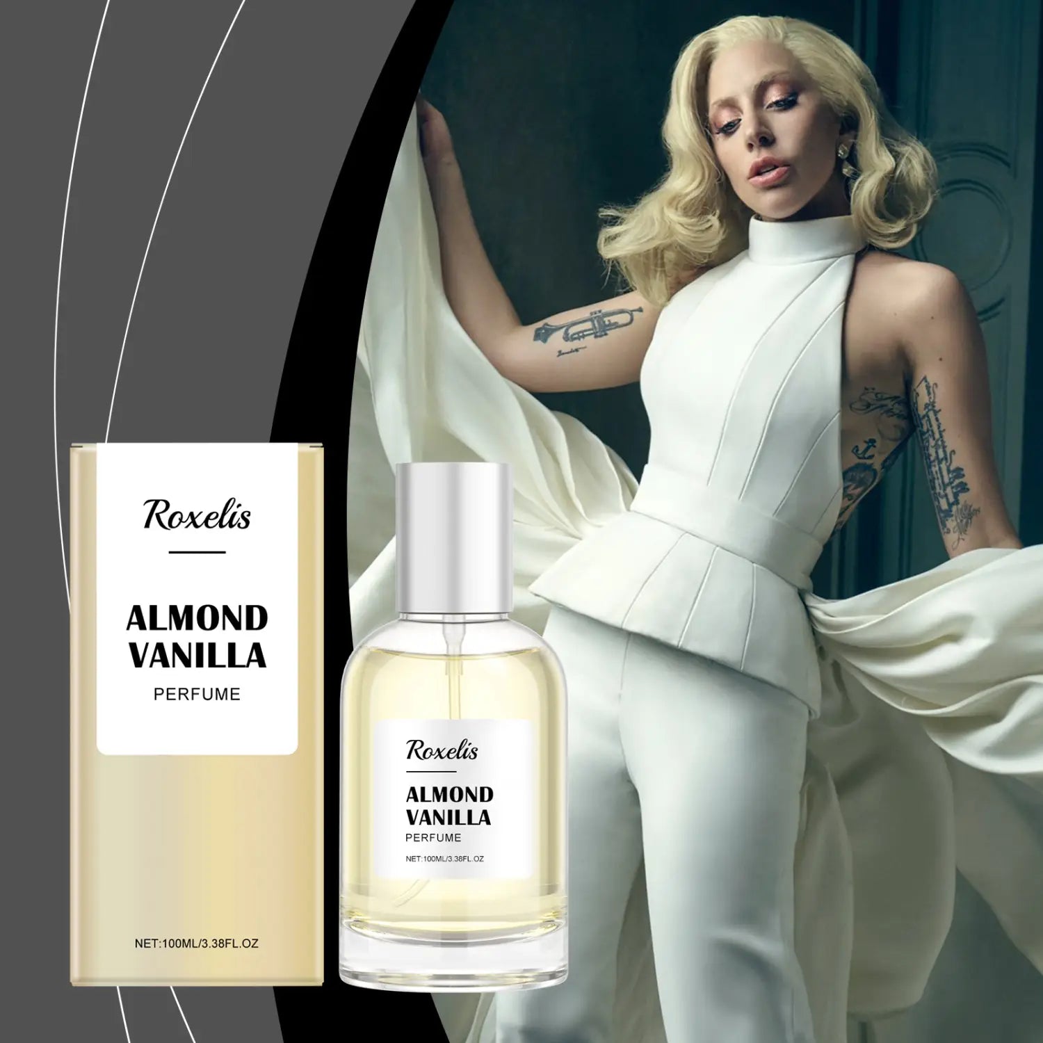Roxelis Mandel-Vanille-Duft in langanhaltender Qualität, 100 ml, Duft in einer klaren Glasflasche mit silberfarbenem Verschlusskappe und minimalistischem weißem Etikett, neben einer passenden goldtönigen Box.