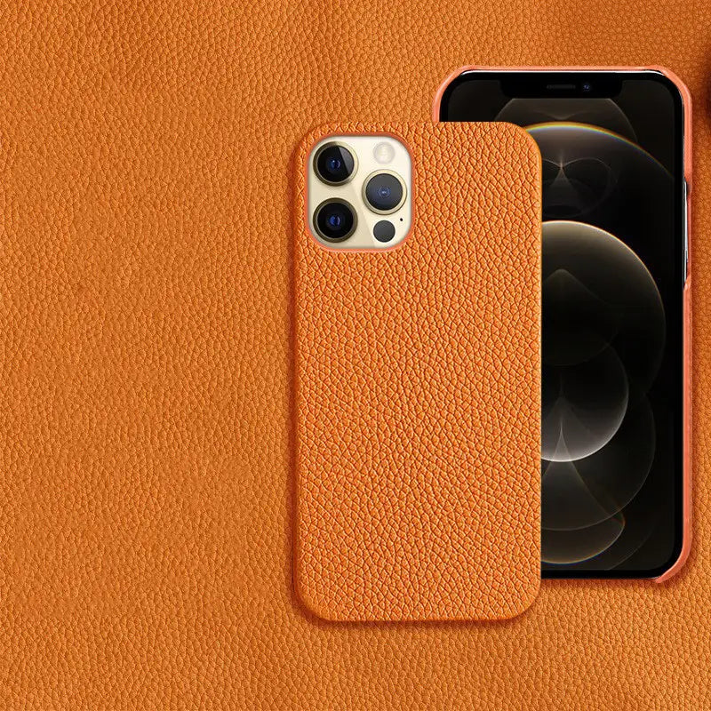 Orange textured genuine leather anti drop phone case for iphone 12 pro showing the back side.