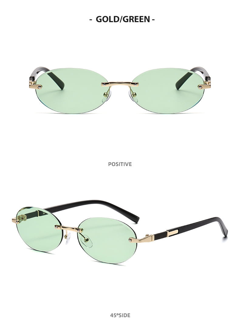 Frameless oval uv400 fashion sunglasses with gold-toned metal frames, light green tinted lenses, and black temple arms.
