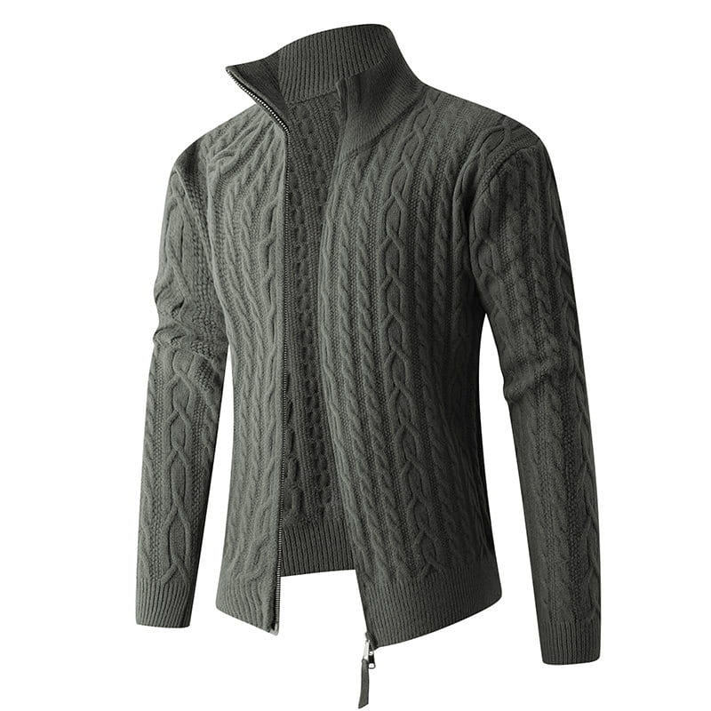 Dark gray thick cable knit zip-up sweater for men with a high collar and ribbed cuffs.