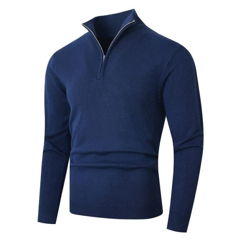 Pull en molleton bleu marine pour homme, grande taille, demi-zip, avec poignets et ourlet côtelés et texture tricotée.