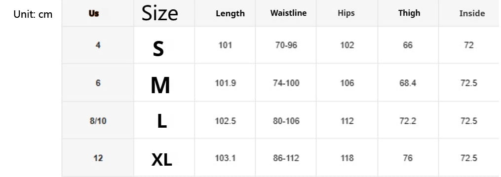Size chart in centimeters for women’s floral print cotton linen wide leg trousers displaying measurements from size s to xl.