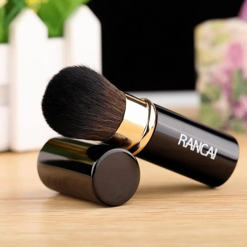 black rancai retractable makeup brush mini with gold ferrule and dense soft bristles for precise cosmetic application