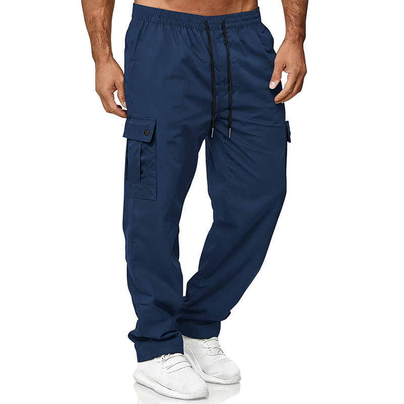 Navy blue mens straight leg cargo work pants featuring side pockets and a drawstring waistband for functional and comfortable wear.