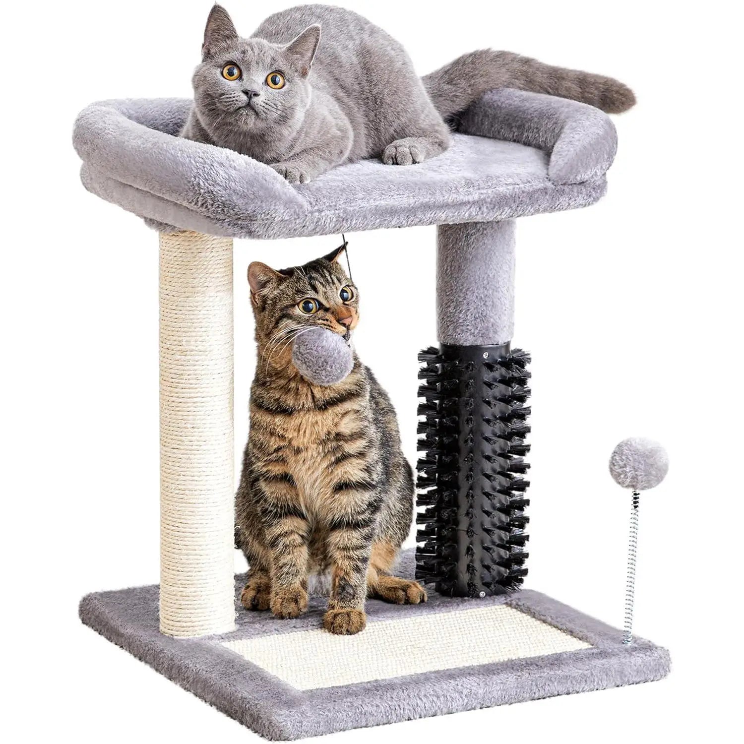 Gray plush cat tree tower with sisal-wrapped scratching post and black brush attachment for feline play and grooming.