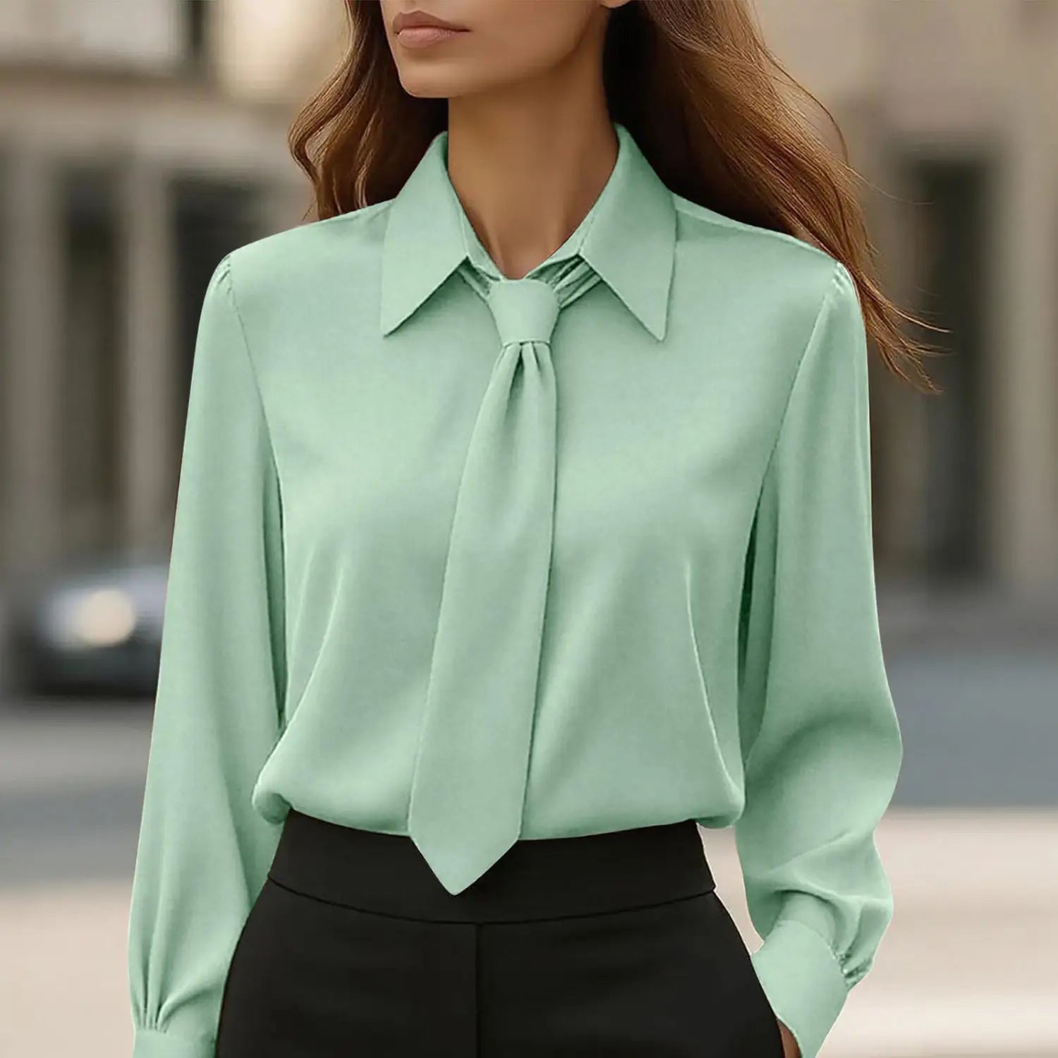 Camisa de satén con cuello tipo lazo y manga larga color verde menta suave, con un cuello clásico y detalle de lazo anudado en el cuello.