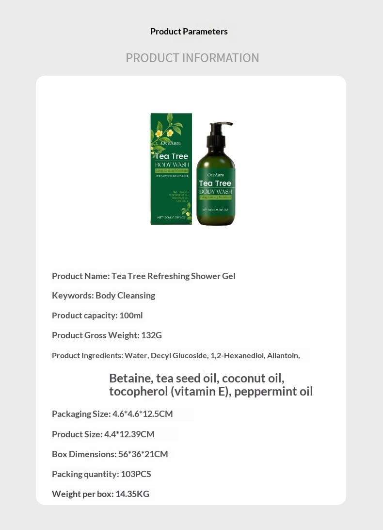 Green bottle of tea tree body wash moisturizing skin cleanser with a black pump dispenser for refreshing shower use 100ml.