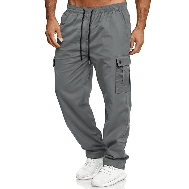 Mens straight leg cargo work pants in gray with black drawstrings and multiple pockets designed for durability and functionality.