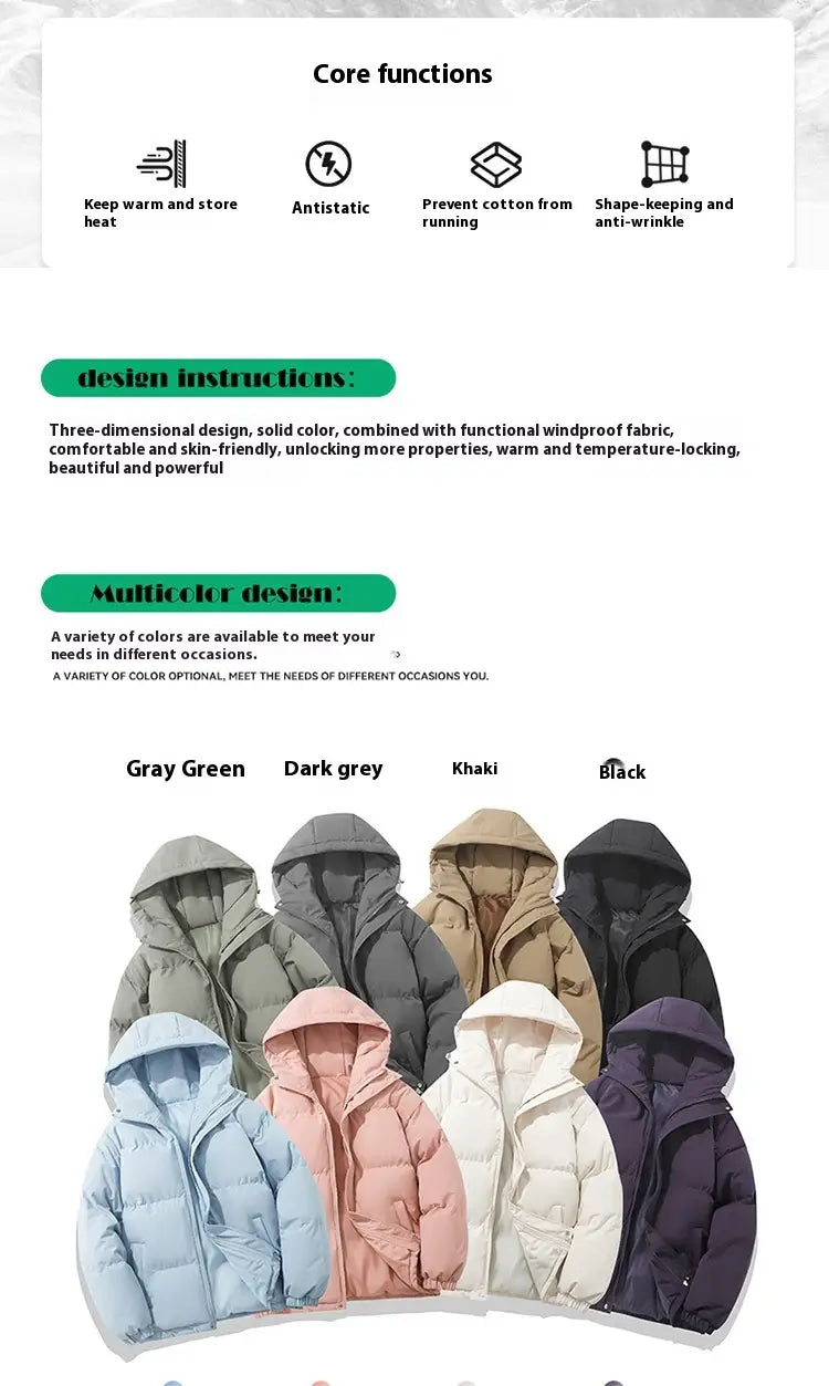 Eine Kollektion von Damen-Kapuzensteppjacken mit wattierter Polsterung in einfarbigen Farben, einschließlich dunkelgrau-grün, dunkelgrau, khaki und schwarz, für Winterkleidung konzipiert.