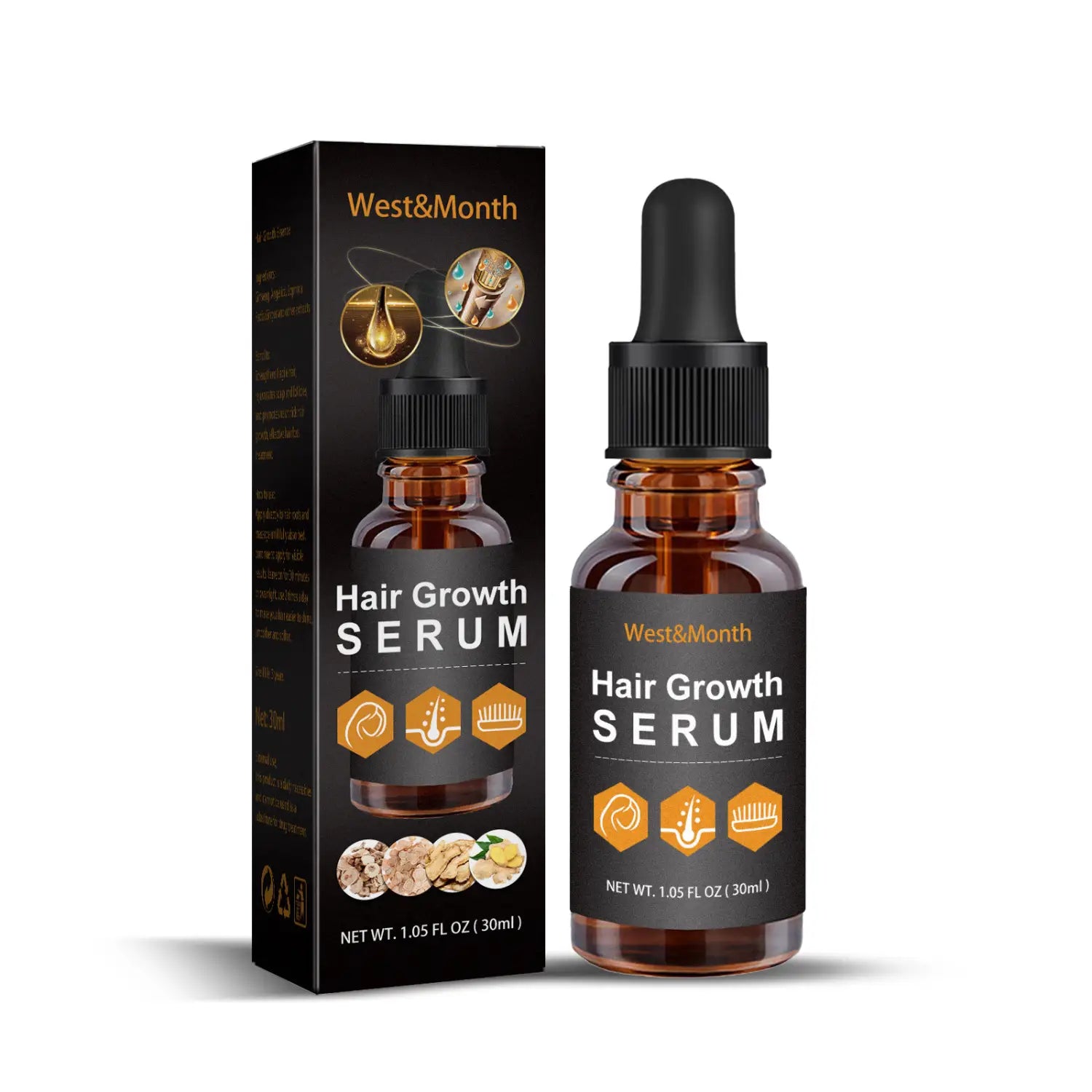Sérum de croissance des cheveux antichute West&month, huile anti-chute, dans un flacon ambré en verre de 30 ml, muni d’un compte-gouttes noir et d’une boîte assortie.