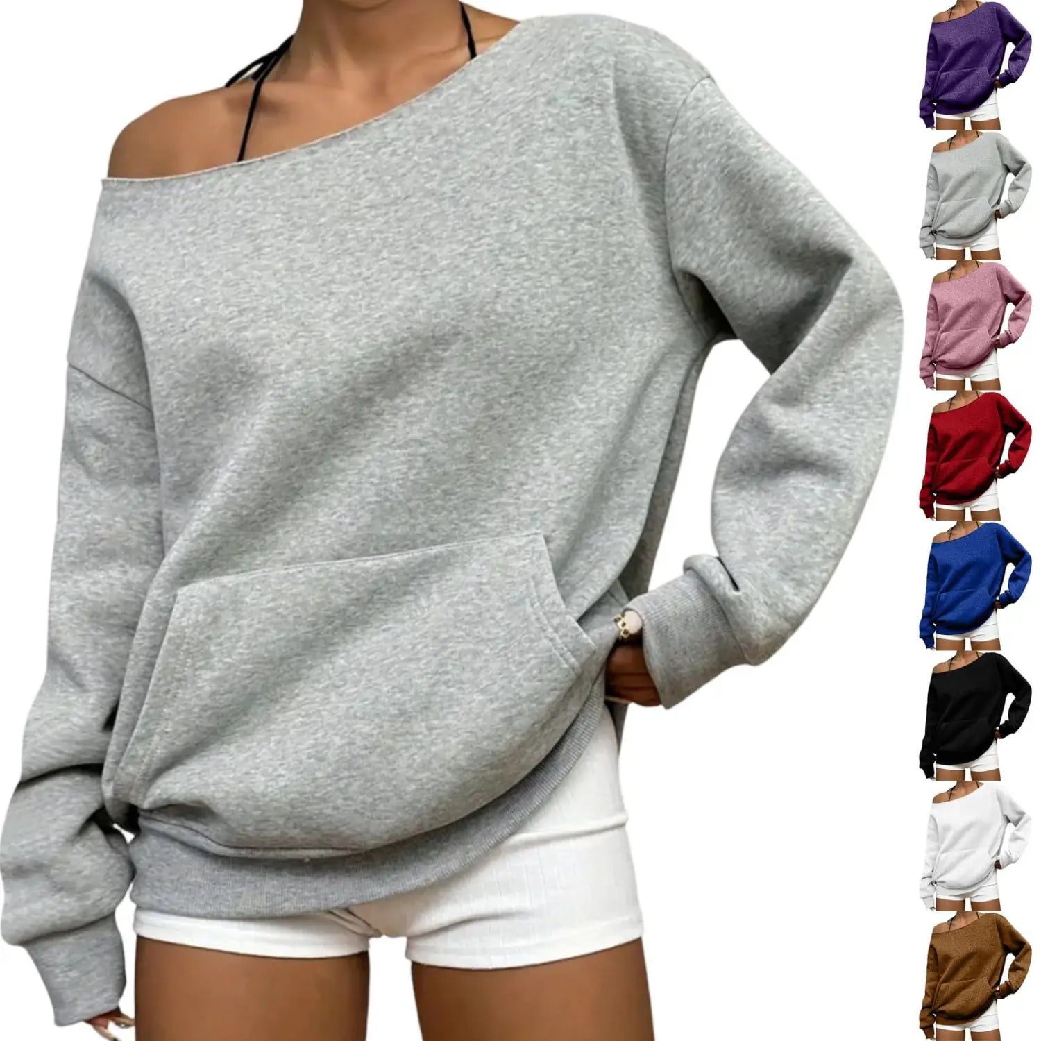Melierter grauer schulterfreier Pullover mit Fronttasche und langen Ärmeln, ideal für den Alltag.