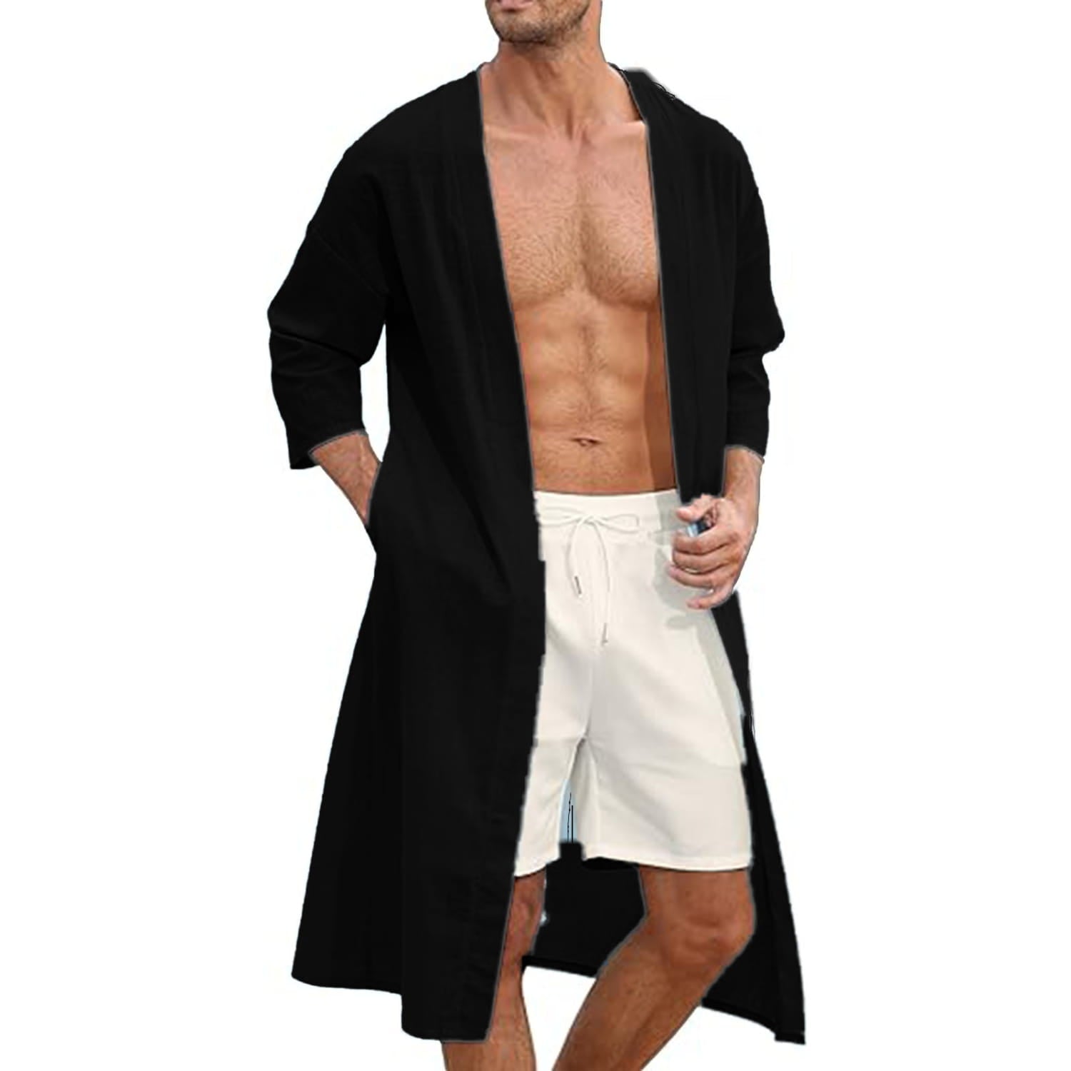 Men’s relaxed fit open front kimono cardigan in black with long sleeves and side pockets.