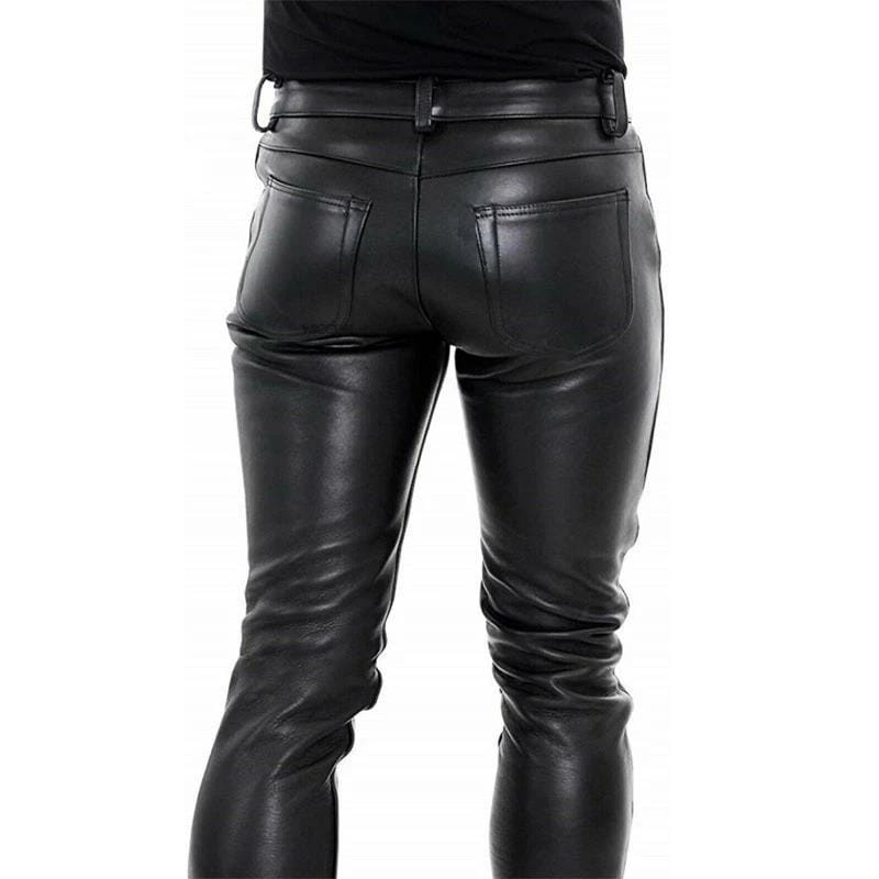 men black faux leather pants pu slim fit trousers showing slim fit with visible stitching around the pockets.