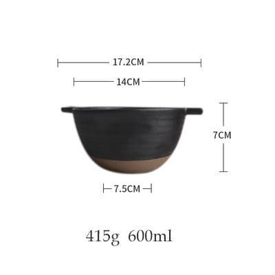 Japanese stoneware 6 inch binaural ceramic soup bowl in black ceramic with a tan base measuring 17.2 cm wide and 7 cm tall holding 600 ml capacity.