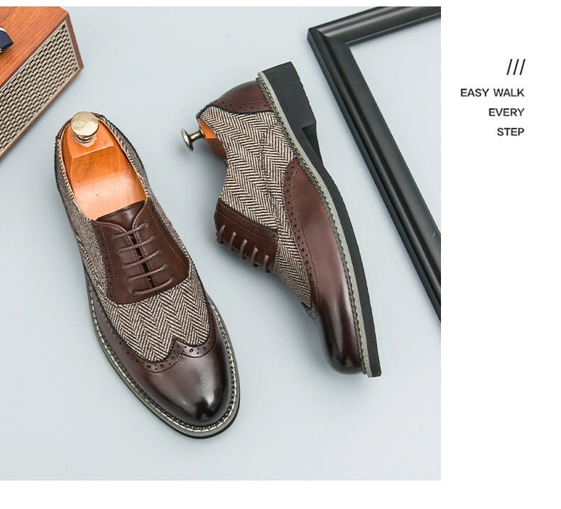 Men’s Korean style woven leather brogue high top shoes with brown and gray herringbone wingtip polished accents