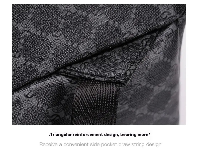 Black Shark backpack made of geometric patterned pu fabric with large capacity and reinforced triangular stitching for business use.