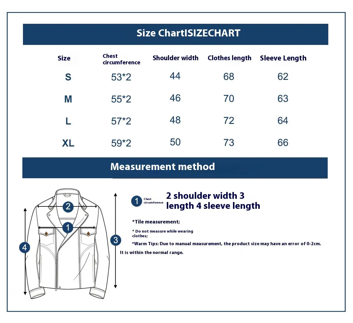 Mens French workwear jacket cotton utility pocket coat blue denim size chart with measurement guide and sizing details for sizes S through XL.