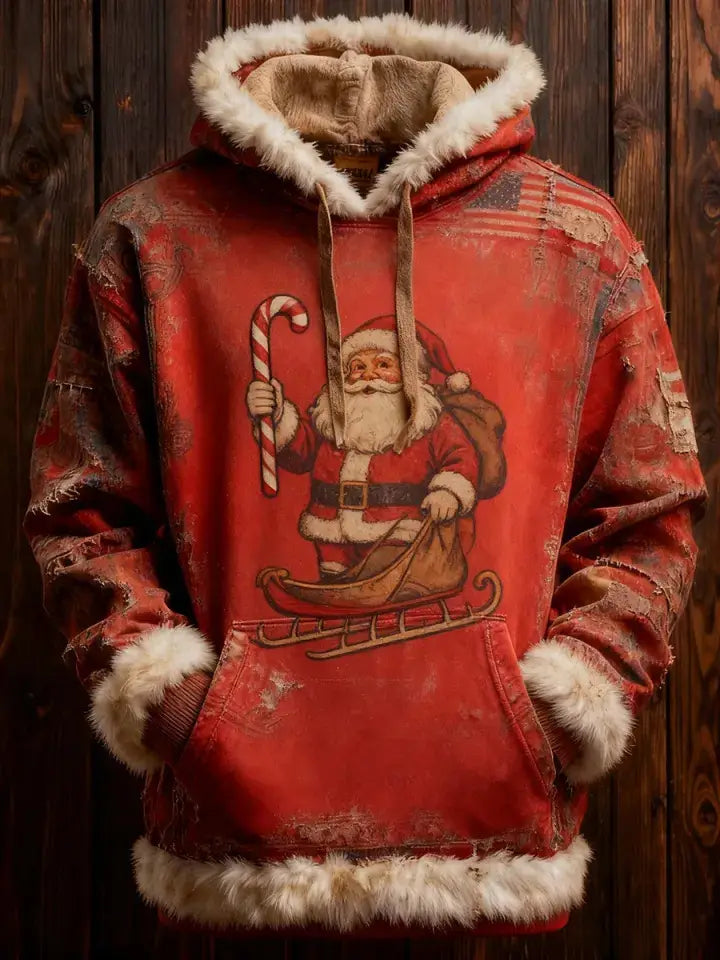 red santa claus hoodie with distressed vintage design and white faux fur trim on hood cuffs and hem featuring pockets for christmas holiday wear