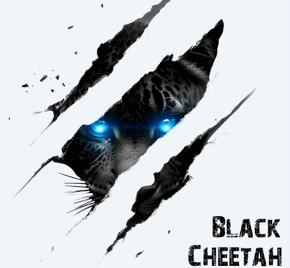 Black cheetah with glowing blue eyes emerging through torn paper effect on a black polyester cheetah graphic trucker hat for men casual wear.