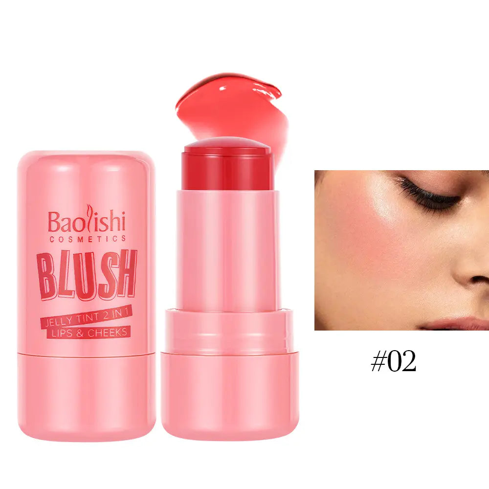 pink baoishi cosmetics jelly blush stick shimmer lip and cheek tint 26.5g in shade 02 features a 2-in-1 jelly tint formula for lips and cheeks.