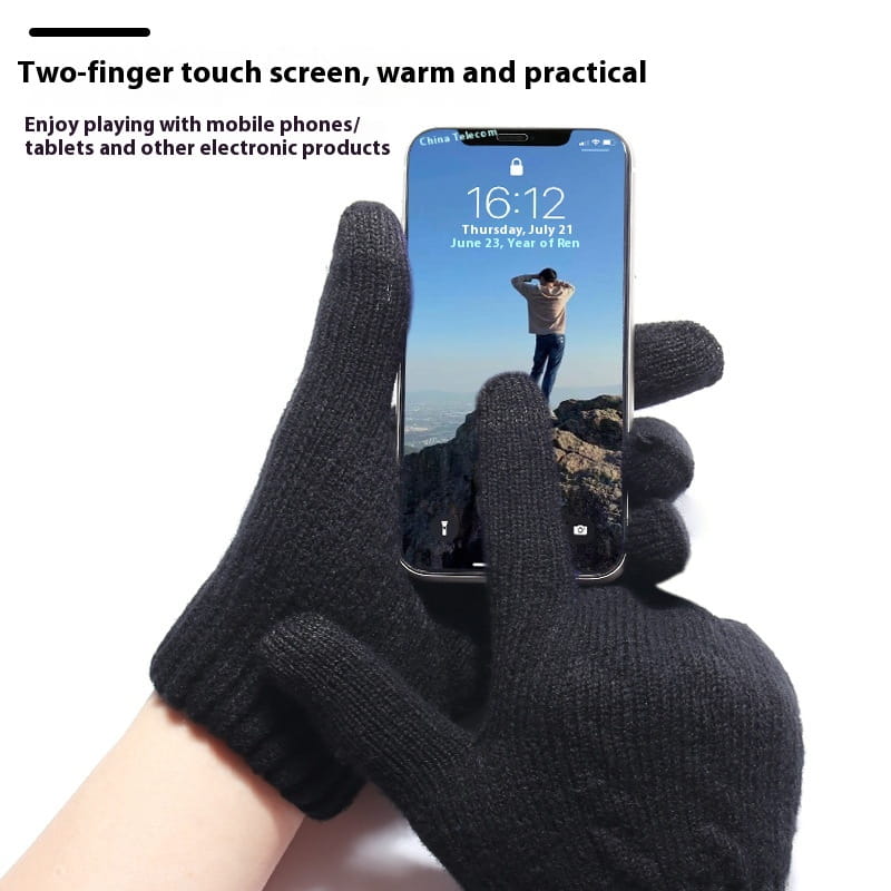 black knitted thermal touchscreen winter gloves for women shown from the back designed for use with mobile phones and tablets