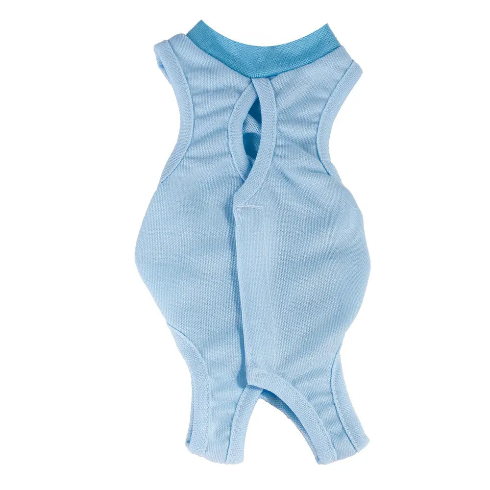 Light blue knit cat sterilization recovery suit with a contrasting darker blue ribbed collar and leg openings designed as a breathable pet vest.