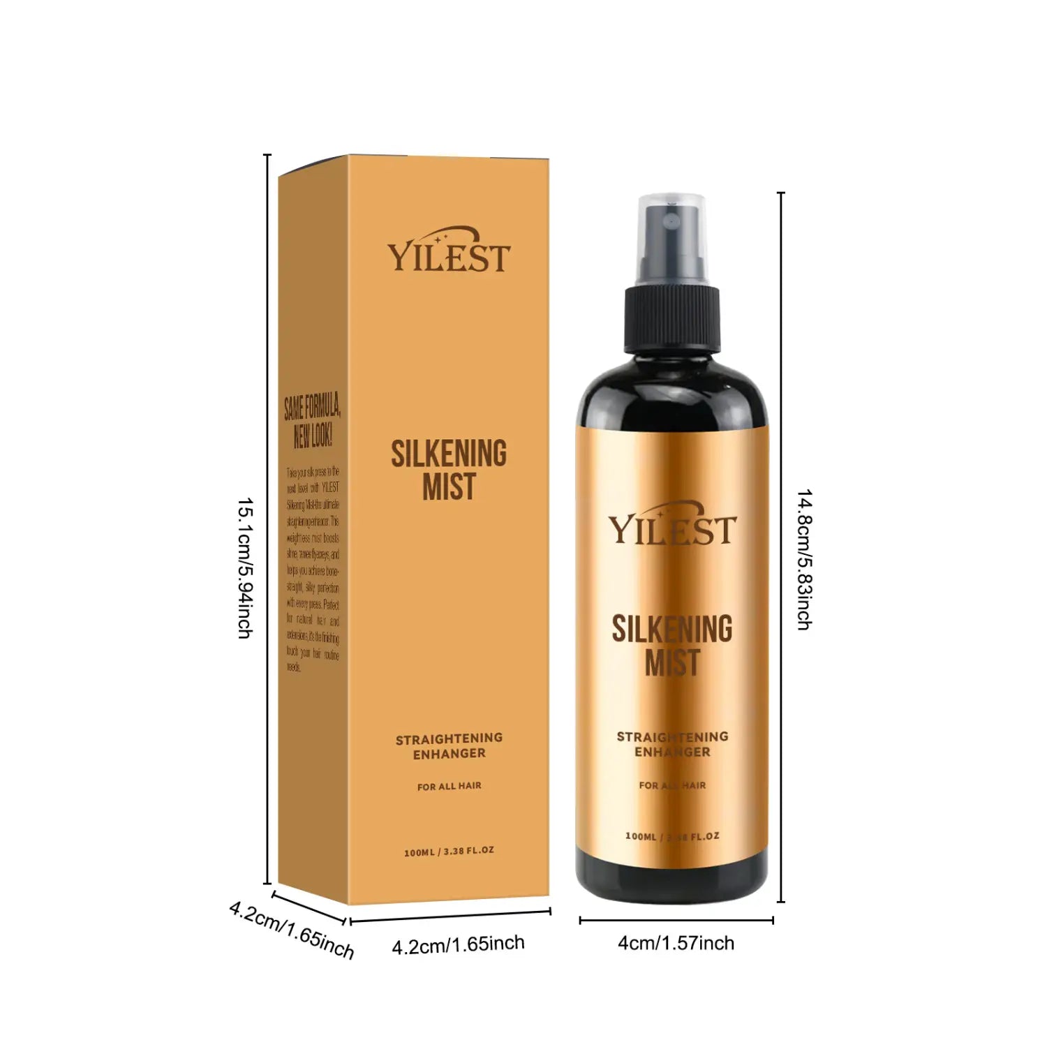 Yilest silkening mist hair spray oil control 100ml bottle with a sleek black body and gold-colored label designed for all hair types.
