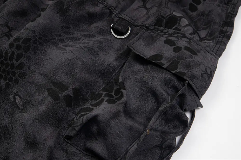 Black camouflage cargo pants wide leg tactical trousers featuring a subtle snakeskin pattern and reinforced stitching.