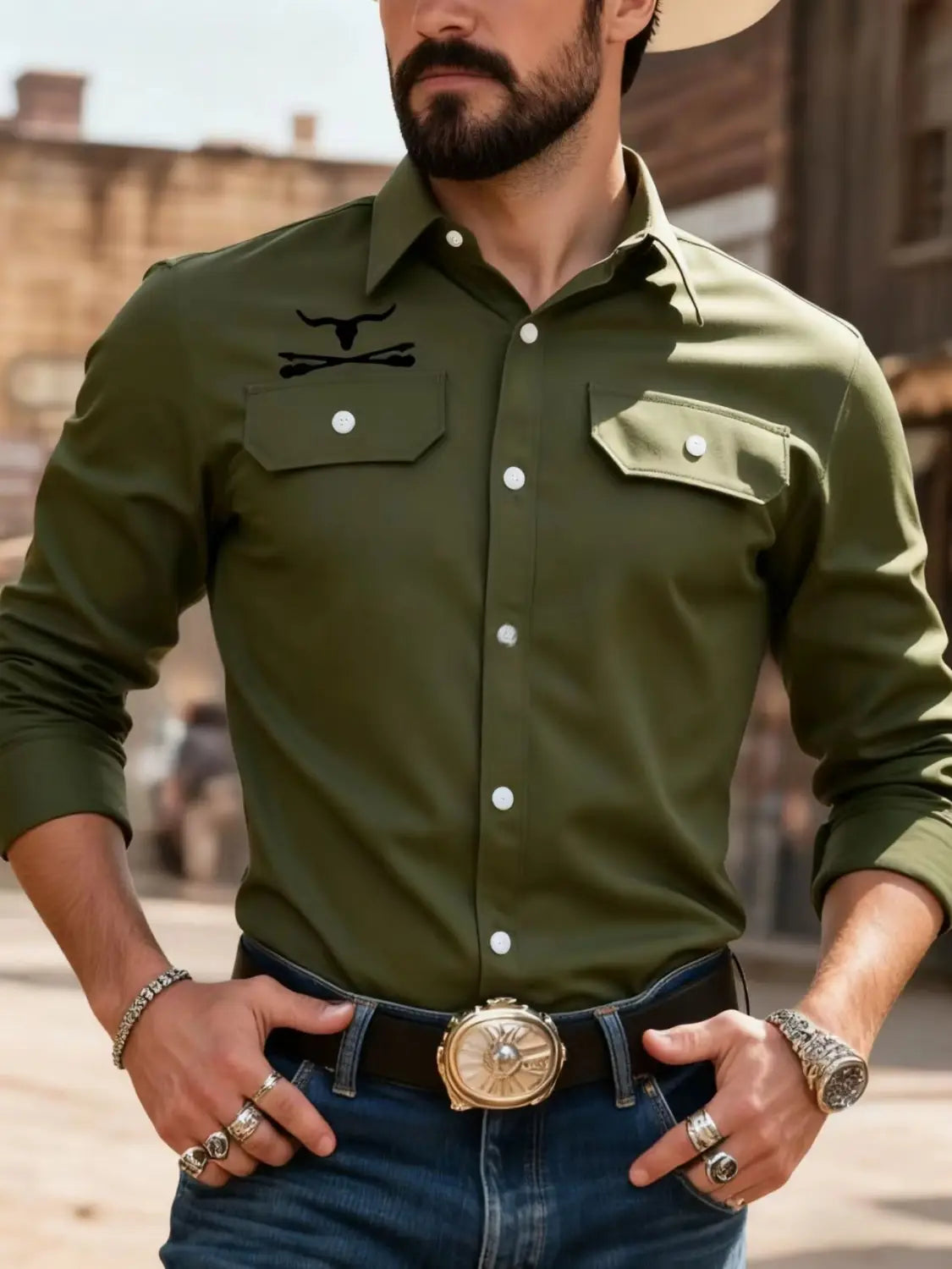 Chemise décontractée à manches longues et à poches pour homme, vert olive, avec crâne de taureau brodé noir et fusils croisés sur la poche de poitrine gauche.