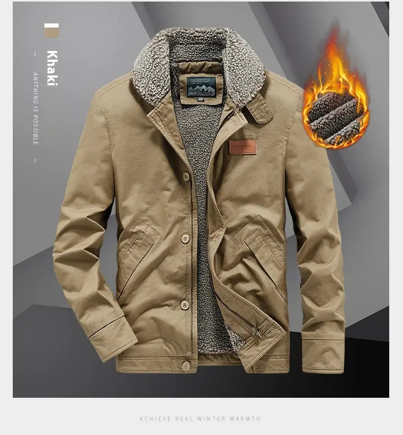 mens fleece lined winter cotton jacket in khaki with a plush collar button closures and fleece lining for warmth