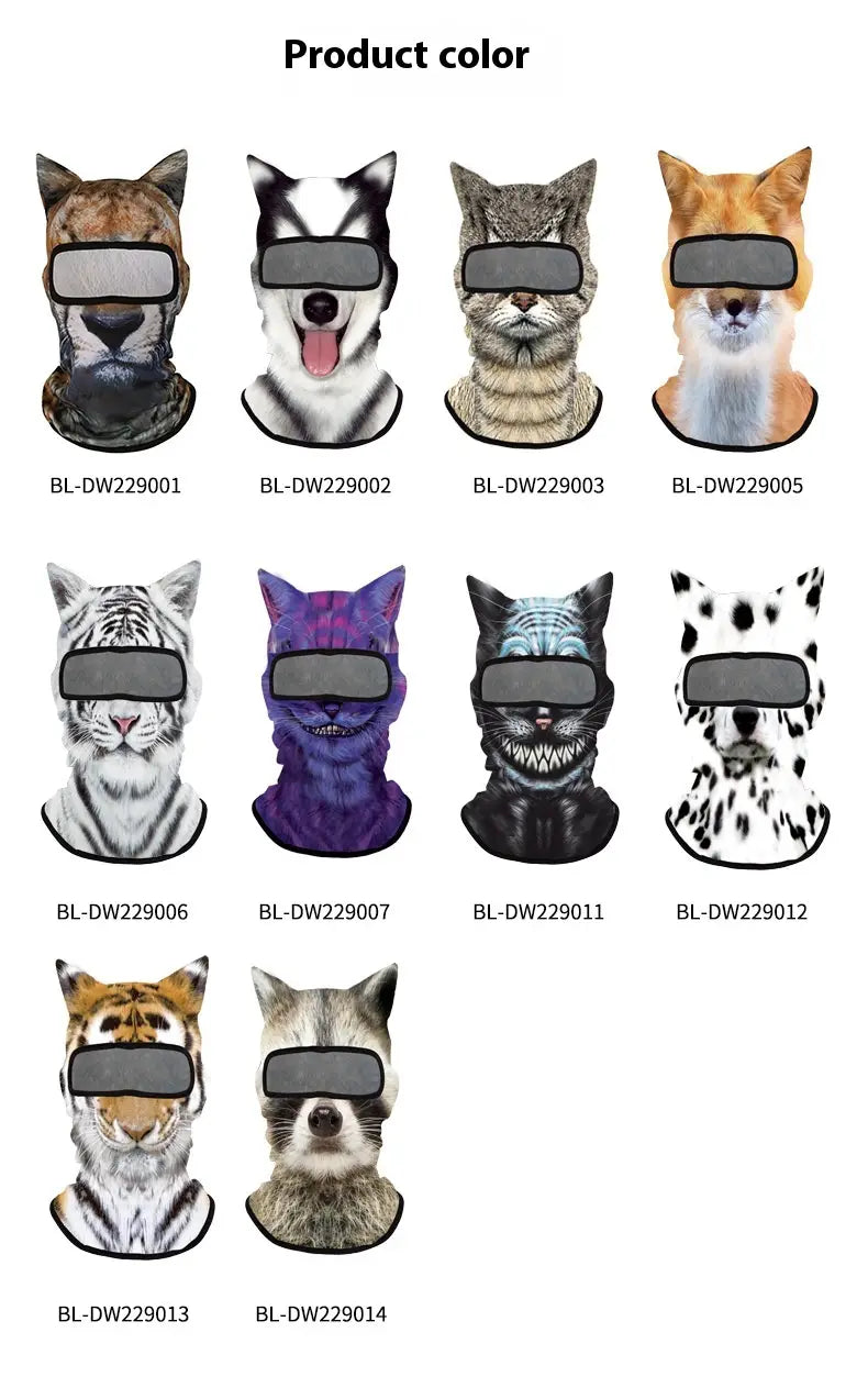 A collection of animal pattern sun protection balaclava masks featuring realistic fur texture and facial expressions in brown black white purple and orange colors.