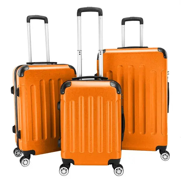 Set of three bright orange lightweight abs hard shell trolley suitcases with black accents and silver spinner wheels.