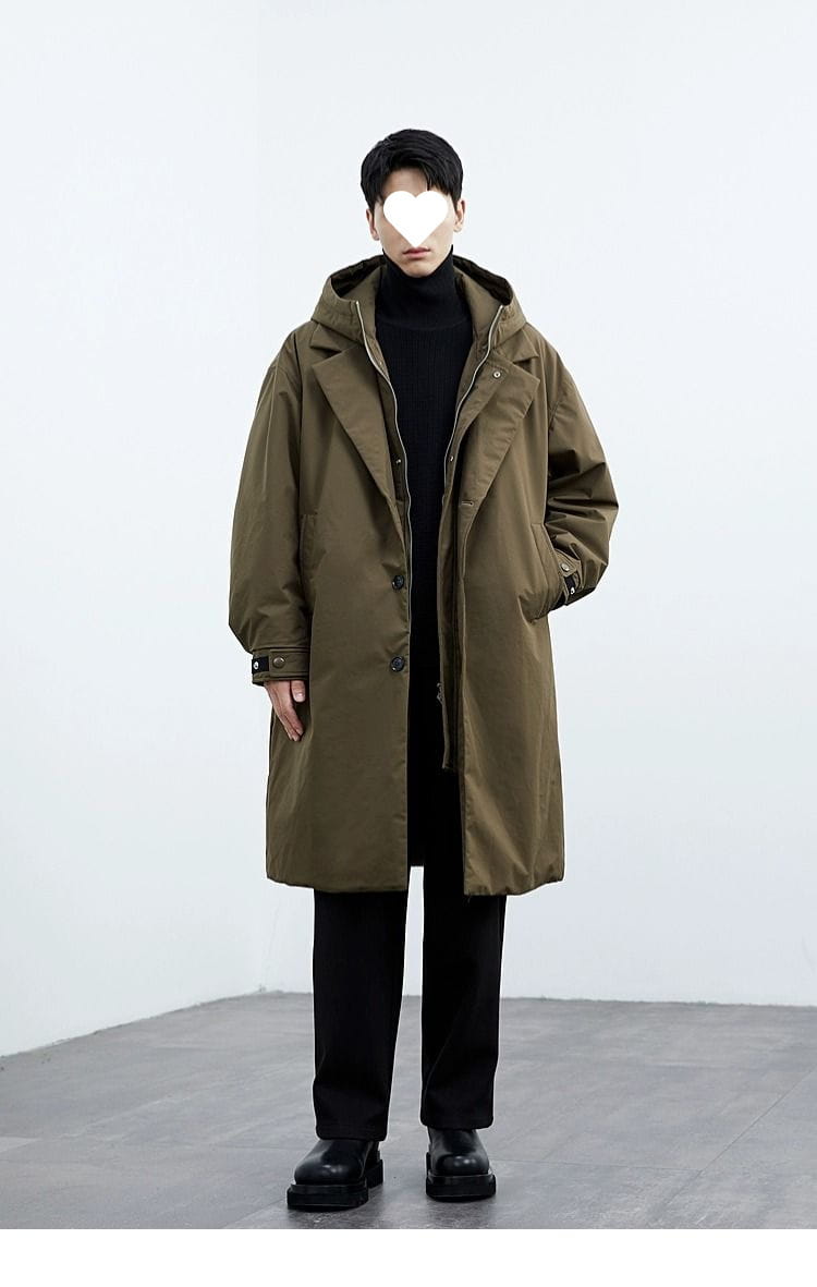 Men hooded trench coat in olive green featuring a long-line design with button-front closure and adjustable cuffs for winter wear.