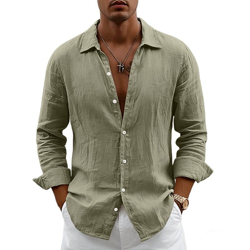 Men’s slim fit olive green linen blend button-down shirt with rolled-up sleeves and a classic collar for casual wear