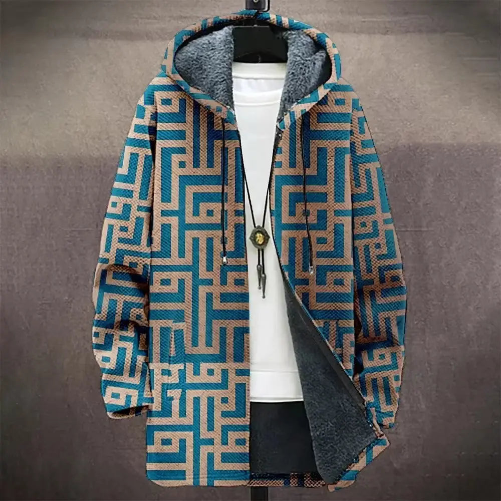 Geometric fleece hooded trench coat in blue and beige with a plush gray fleece lining for warmth and comfort.