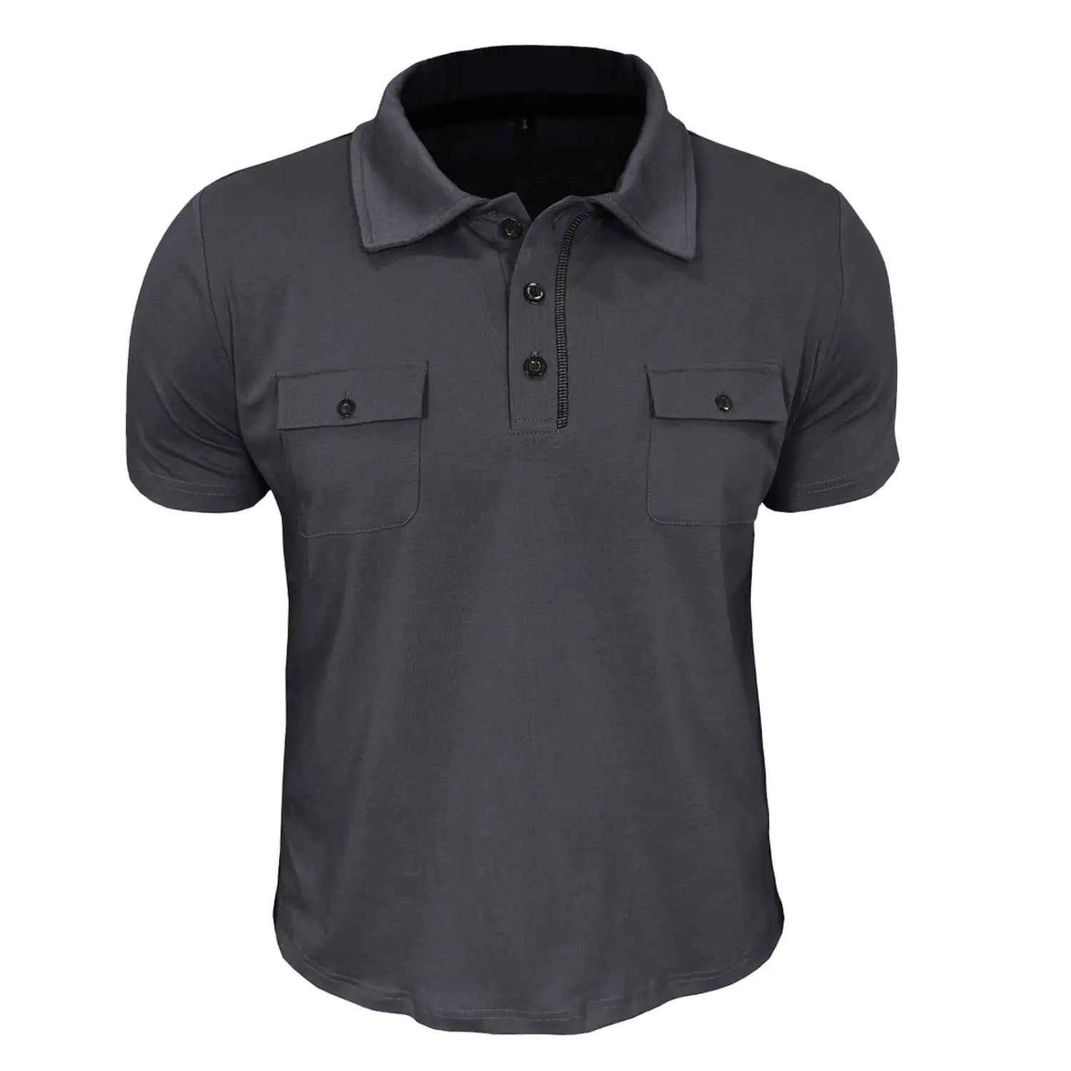 Dark gray men’s dual pocket short sleeve polo shirt made from a cotton blend featuring a collar and button placket.