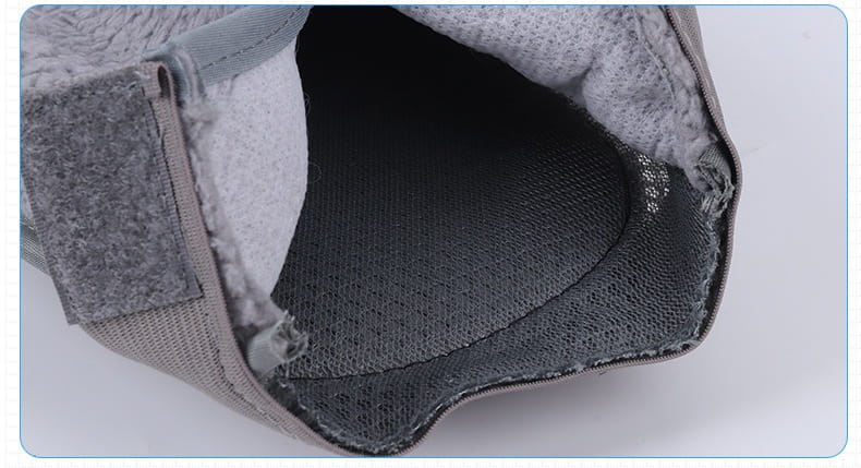 Gray mesh-lined knee pad with soft padded interior and adjustable velcro strap designed for use with pet grooming glove silicone hair remover bath brush.